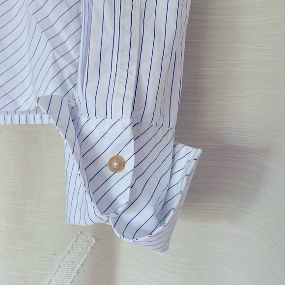 Scotch & Soda White/Blue Asymmetrical Pinstripe High-collar Rear Button Blouse - Picture 3 of 8